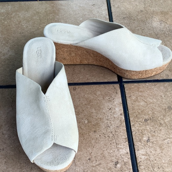 UGG Shoes - UGG Cream Suede Cork Wedge Slide Sandals